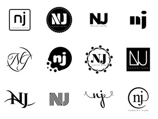 NJ logo company template. Letter n and j logotype. Set different classic serif lettering and modern bold text with design elements. Initial font typography.