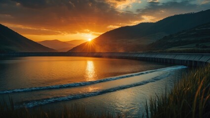 Fototapeta premium Sunset over a dam with hills in the background