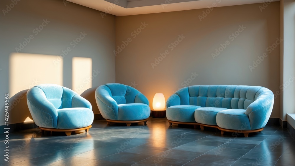 Poster stylish and cozy lounge space with plush furniture and ample sunlight, offering a tranquil view thro