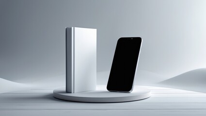 Mockup banner displaying phone and book for advertising mobile audiobook app. Novel with white cover and smartphone showing screen. Copy space available. High-quality photo.