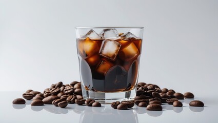 Ice Americano with Coffee Beans on White Background