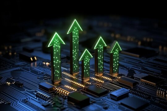 A background of green arrows pointing upwards on an electronic circuit board, representing growth and progress in the technology industry