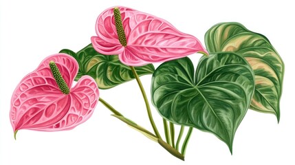 Obraz premium Vibrant pink Anthurium flowers with lush green leaves