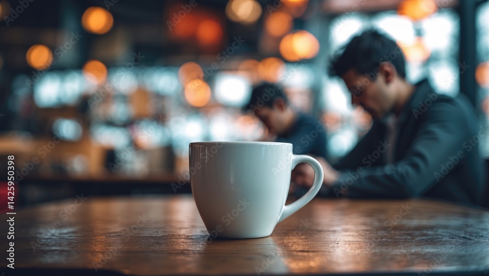 Poster coffee cup on table with abstract blurred background in a vibrant cafã© setting