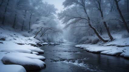 A picturesque river meandering peacefully through a tranquil landscape, with snow-covered trees enhancing the natural beauty