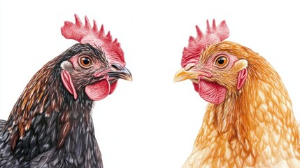 Naklejka premium Two chickens facing each other, close-up portrait