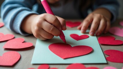 Child creates handmade paper hearts with a red felt-tip pen for a DIY holiday card symbolizing love.