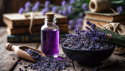 Dried lavender flowers in a bowl and bottle of essential oil or infused water with old books and flowers in the background © -Quantum Pixels-