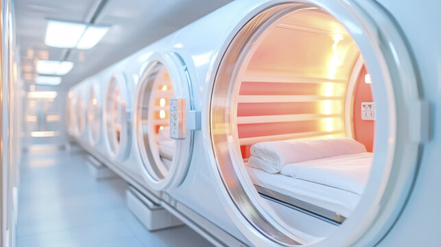 modern capsule hotel interior featuring glowing sleeping pods, creating futuristic and cozy atmosphere