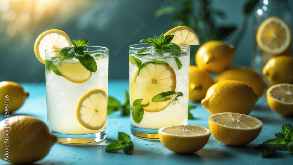 Poster Cool and natural lemonade with ice and citrus slices served on table