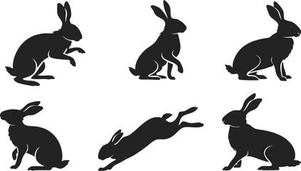 rabbit logo Black silhouettes, rabbits, hares, multiple poses, side view, sitting, jumping, running, detailed outlines, simplified shapes,  minimalist illustration, wildlife icons, 