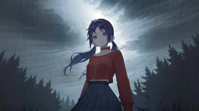 Sad anime girl on the background of rain, anime wallpaper