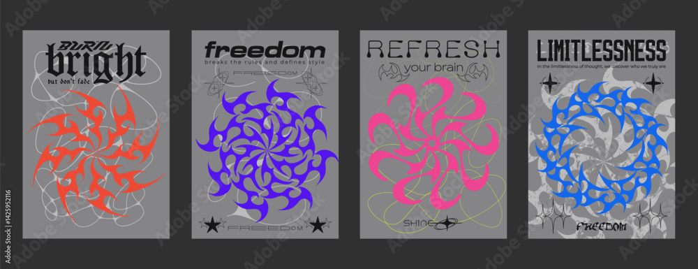 Poster cool y2k posters vector design. brutalist abstract geometric shape placards. acid rave cybersigilism