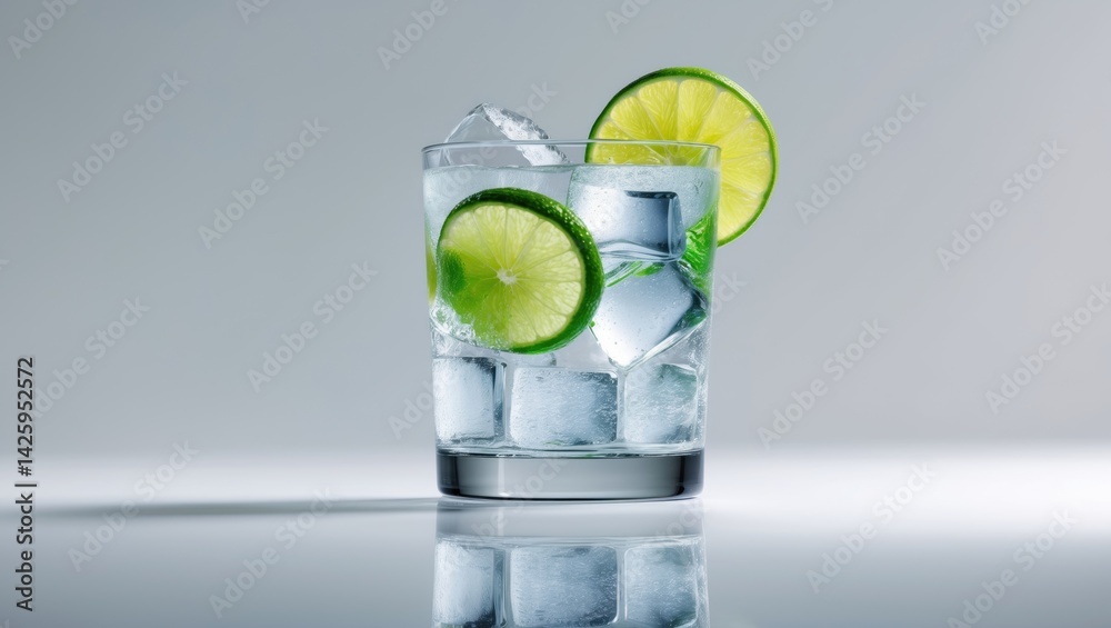 Poster Refreshing cocktail with ice and lime slice isolated on background