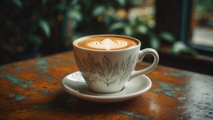 Elegant cappuccino cup featuring intricate latte art on a wooden table