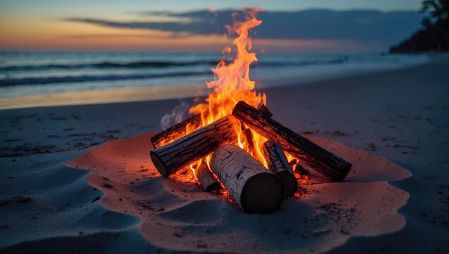 Serene Beach Sunset with Cozy Campfire