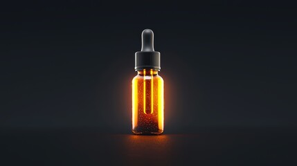A glowing amber dropper bottle against black.