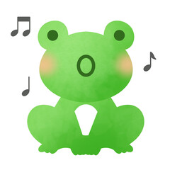 歌を唄う緑色のカエルと音符のイラスト
