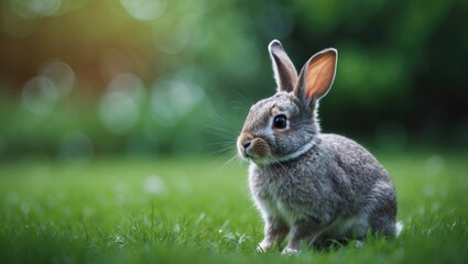 Fototapeta premium Adorable rabbit enjoying green grass against a natural bokeh background.
