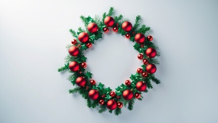 Composition of a wreath on a white background with flat lay and top view, featuring copy space