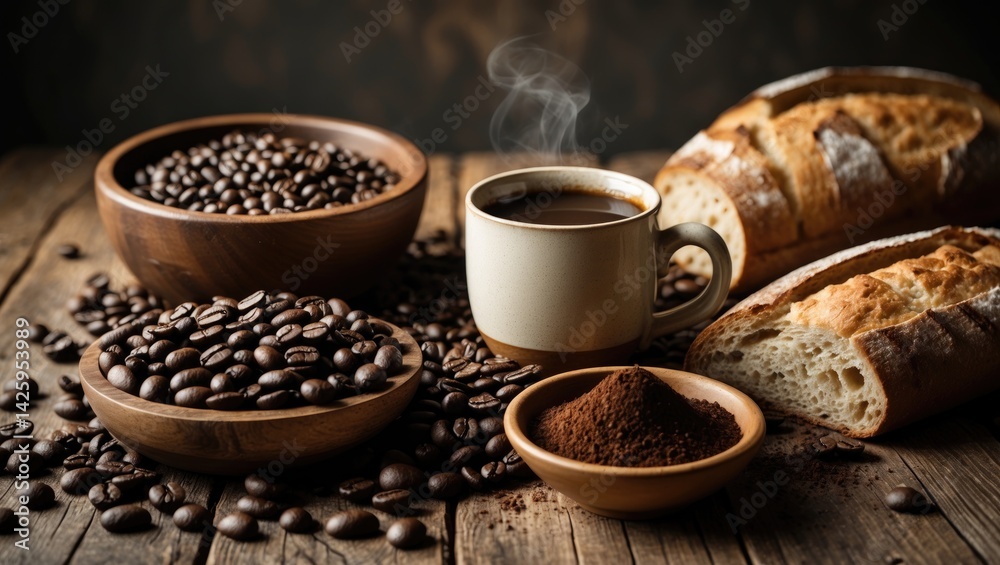 Aufkleber coffee beans and grounds alongside a loaf of bread on a rustic background