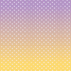 Halftone gradient background with smooth transition from purple to orange and to yellow with white polka dots. Ideal for web design, posters, pop art, digital decor, and retro-inspired projects.