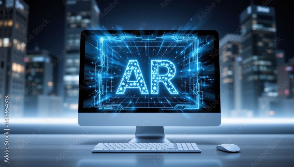 Fototapete advanced augmented reality technology on computer screen displaying ar text with digital network eff