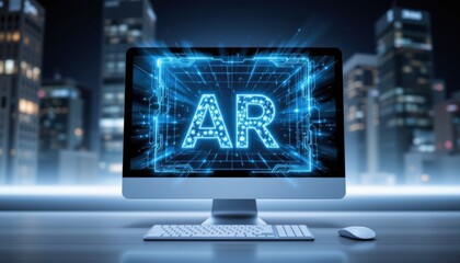 Fototapeta premium Advanced augmented reality technology on computer screen displaying AR text with digital network effects in a futuristic cityscape background at night