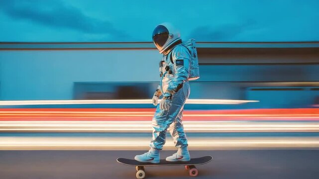 Astronaut skateboarding through city streets, futuristic skater cruises on a neon-lit urban backdrop with motion blur - future meets urban lifestyle