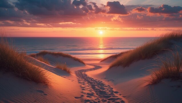 Sunset Invitation Over Ocean from Dune with Coastal Nature Scene
