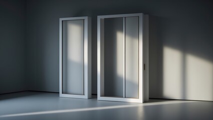 Modern wooden window with shadows emphasizing natural light for a serene minimalist interior