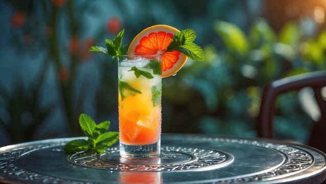 Scheherazade fruit juice cocktail with mint and grapefruit in a glass