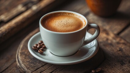 Fototapeta premium Freshly brewed americano in a white mug placed on a wooden table, highlighting warm beverage details