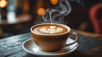 Coffee cup with heart design on a wooden table in a cozy cafe setting
