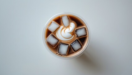 Cold brew coffee with ice cubes from a top view on a white background