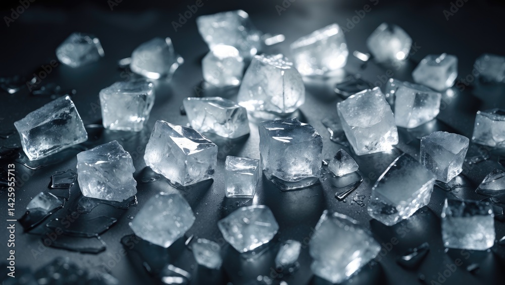 Poster crushed ice on dark background with top view and copy space