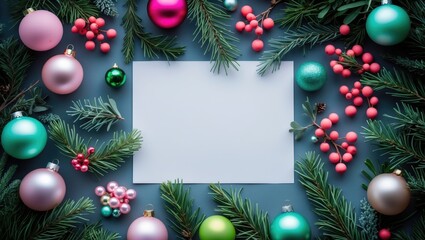 Vibrant fluorescent color arrangement of branches and baubles with paper card note in a nature-inspired flat lay design