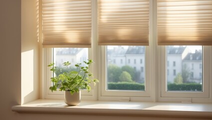 Interior view of XL beige pleated shades with 50mm folds, bottom-up privacy system on modern windows