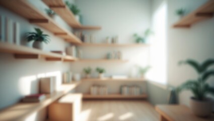 Obraz premium Serene home interior with blurred background showcasing minimalist wooden shelves, plants, and books illuminated by soft natural daylight for a peaceful reading environment.