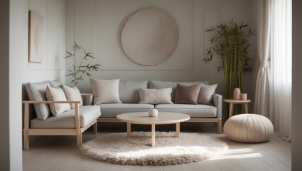 Cozy sofa, coffee table, and bamboo plant in a home interior