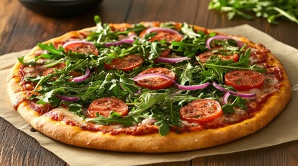 Homemade Pizza with Arugula, Red Onion, and Tomatoes