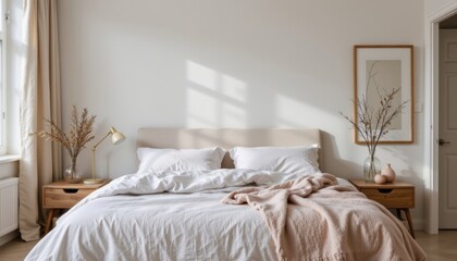 Cozy minimalist bedroom with light neutral colors soft natural sunlight modern decor wooden furniture peaceful ambiance