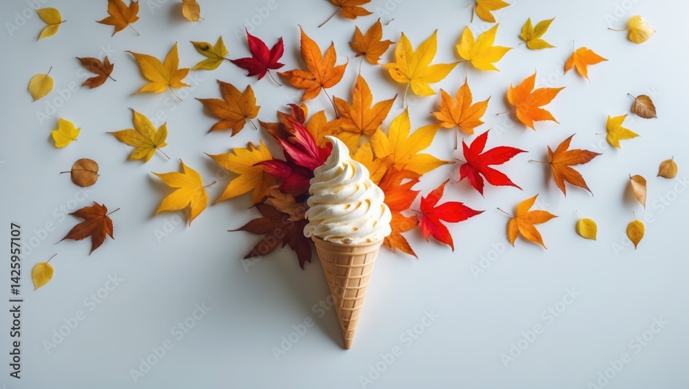 Poster creative autumn ice cream cone with colorful leaves in a flat lay arrangement
