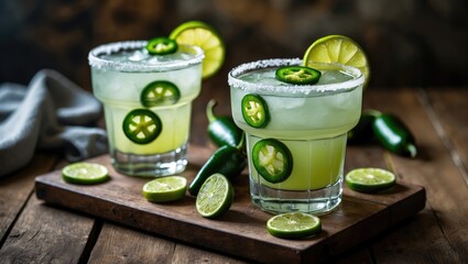 Fototapeta premium Refreshing Homemade Spicy Jalapeno Margarita with Lime for Summer Parties