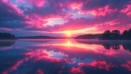 Vibrant landscape with colorful scenery and overcast clouds illuminated by sunset over a lake