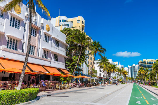 A view down the upper half of Ocean Drive on a bright sunny morning in South Beach in Miami in springtime