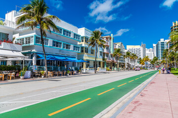 A view across the north half of Ocean Drive on a bright sunny morning in South Beach in Miami in...