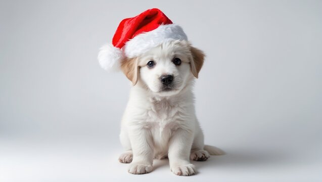 Adorable sitting puppy wearing a Santa hat for Christmas - isolated on white background
