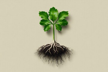 Fototapeta premium Stylish vector illustration of an exploded plant with leaves and roots growing out from the ground, vector art, clipart, vintage beige background, vector art, flat design, flat colors, white
