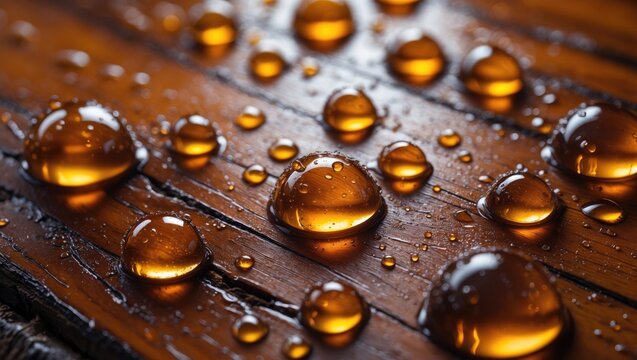 Horizontal background showcasing lacquered burnt wood texture with shiny water drops - Powered by Adobe